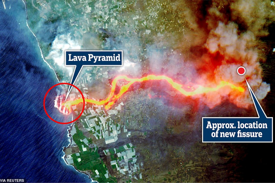River of Lava on La Palma Island Forms a Pyramid in the Sea